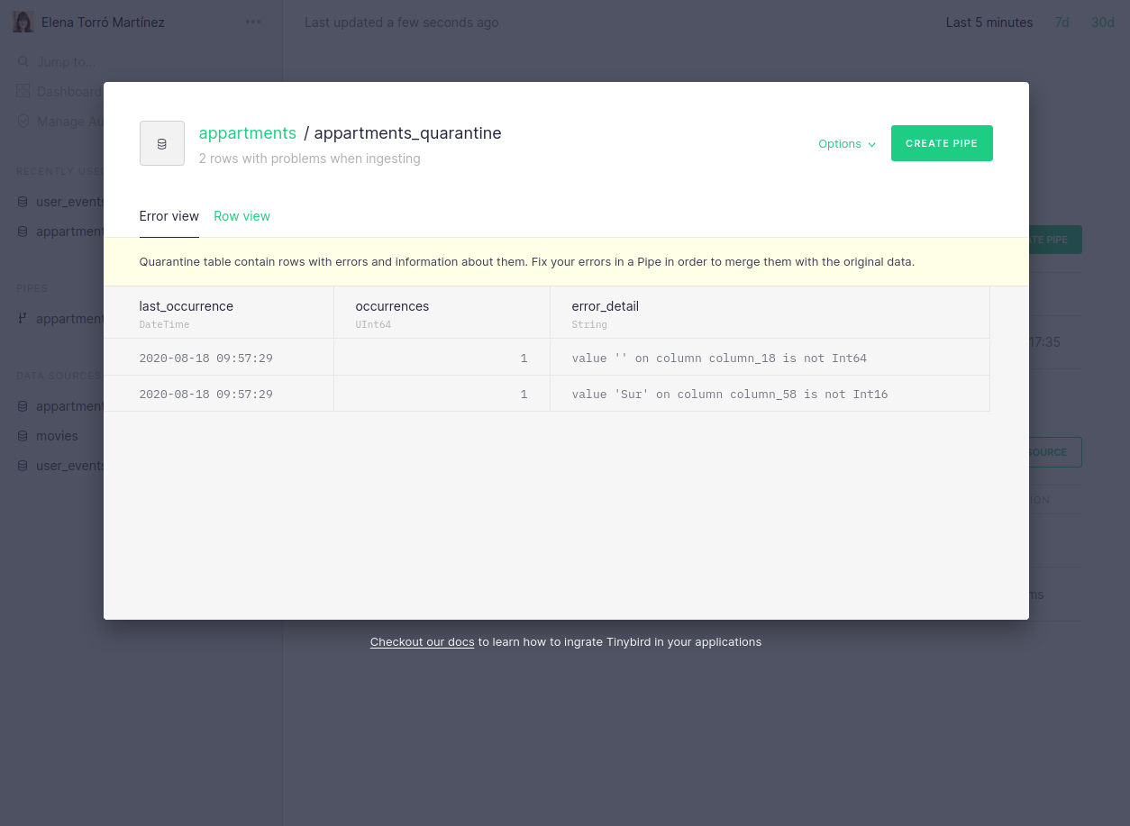 Data source with rows in quarantine