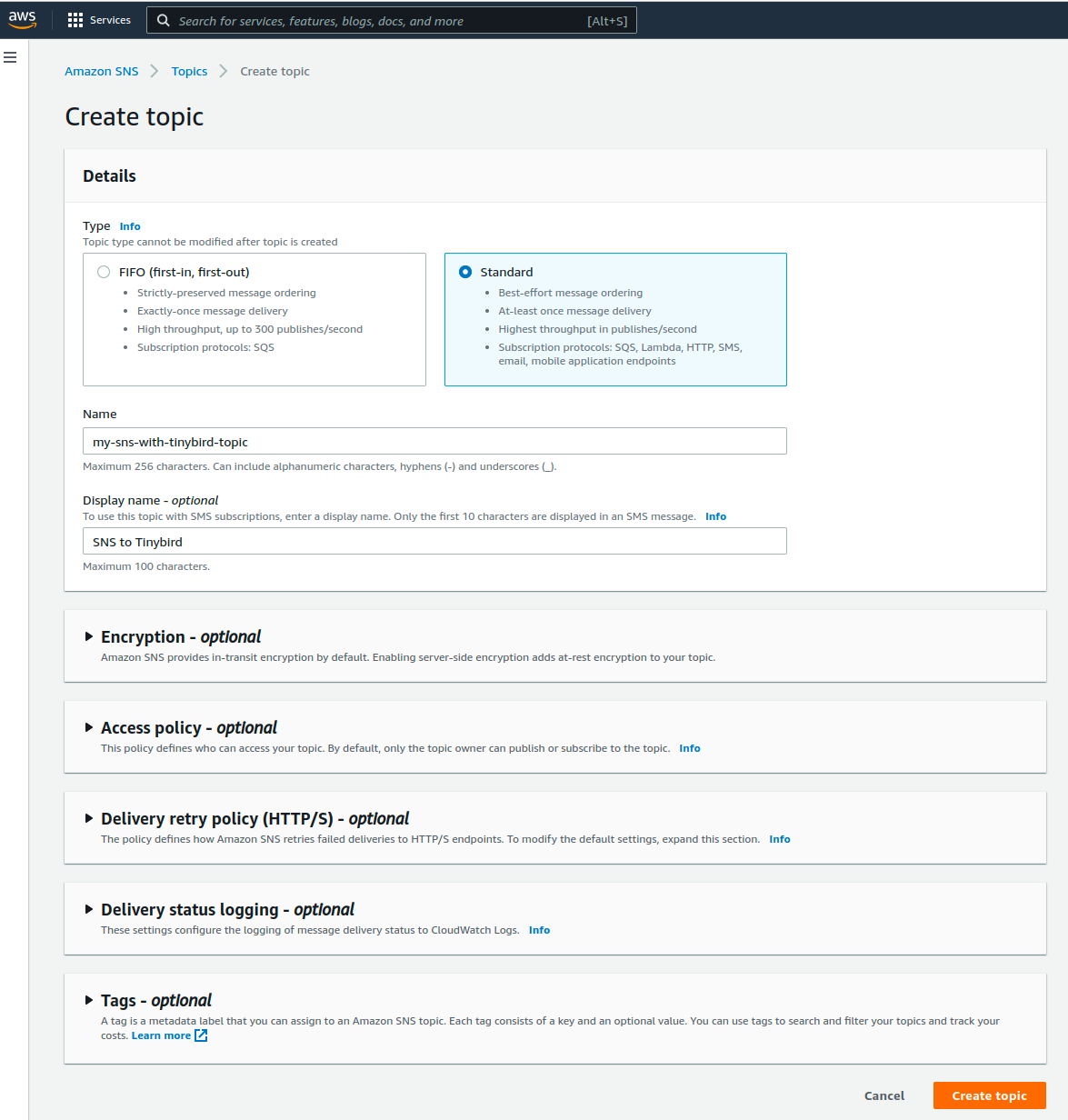 A webpage showing how to create an SNS topic to send data to Tinybird