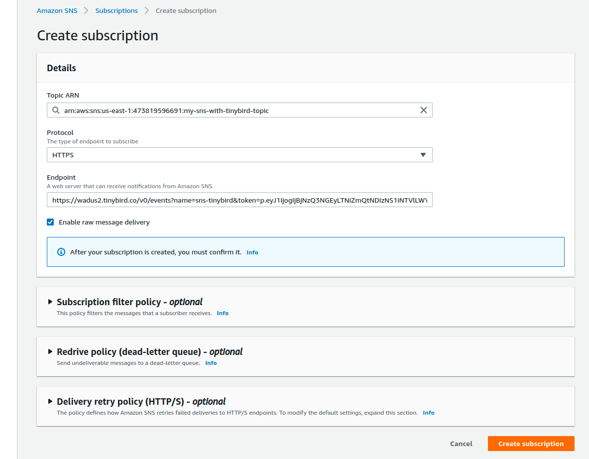 A webpage showing how to create a subscription from AWS SNS to the Tinybird /events endpoint