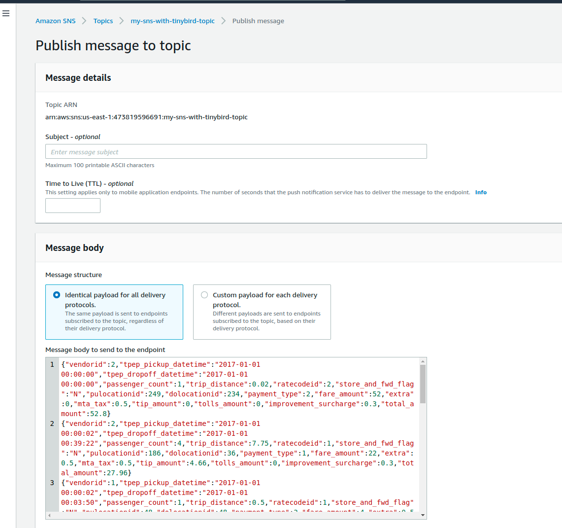 A webpage to publish a message to an SNS topic showing the JSON message structure