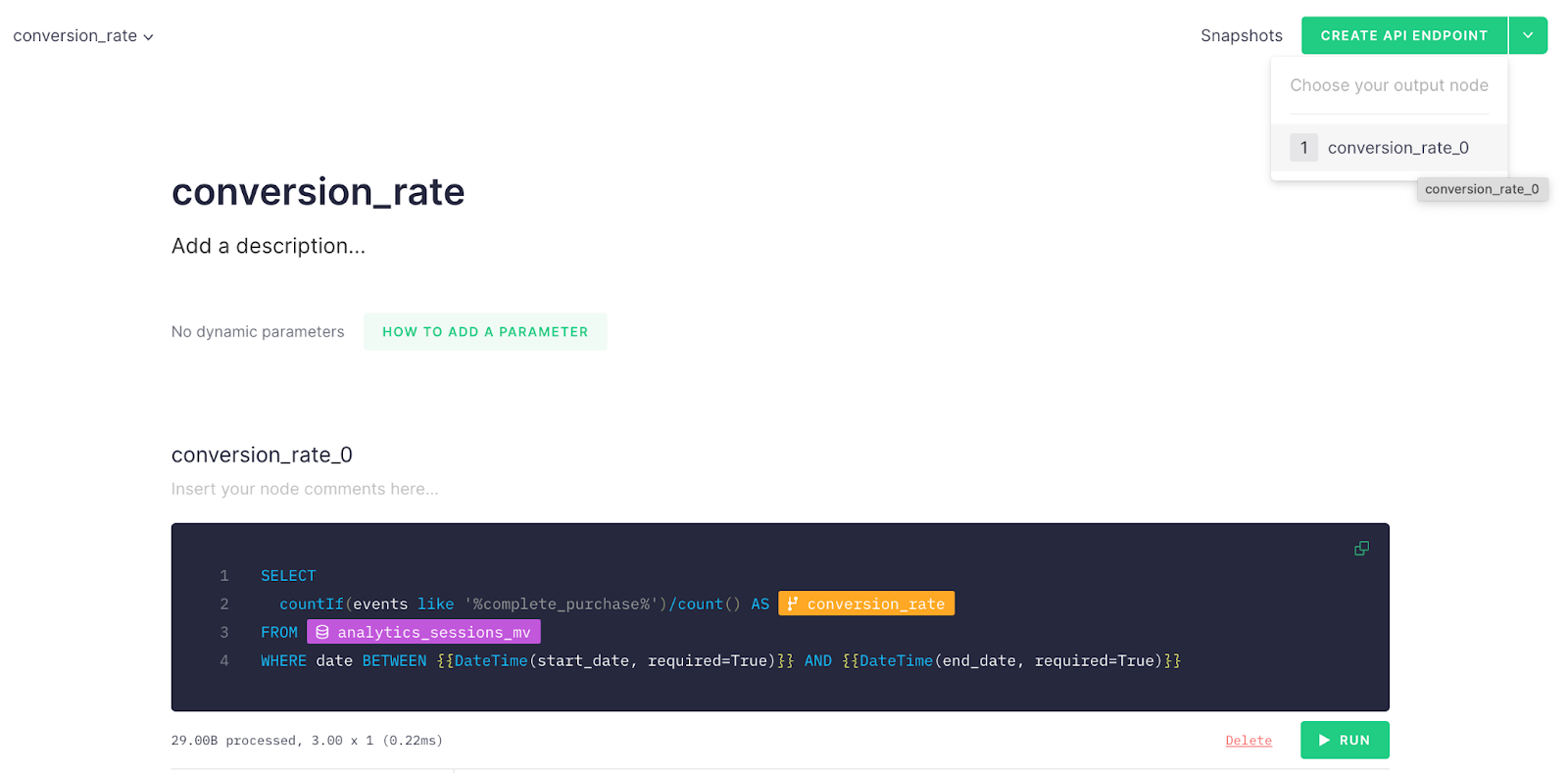 Publishing an API endpoint from SQL in Tinybird