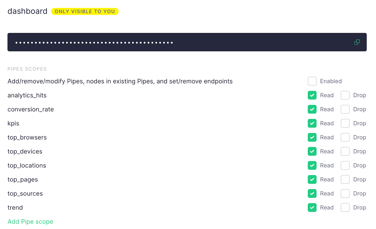 Adding a new Pipe scope to the Tinybird auth token