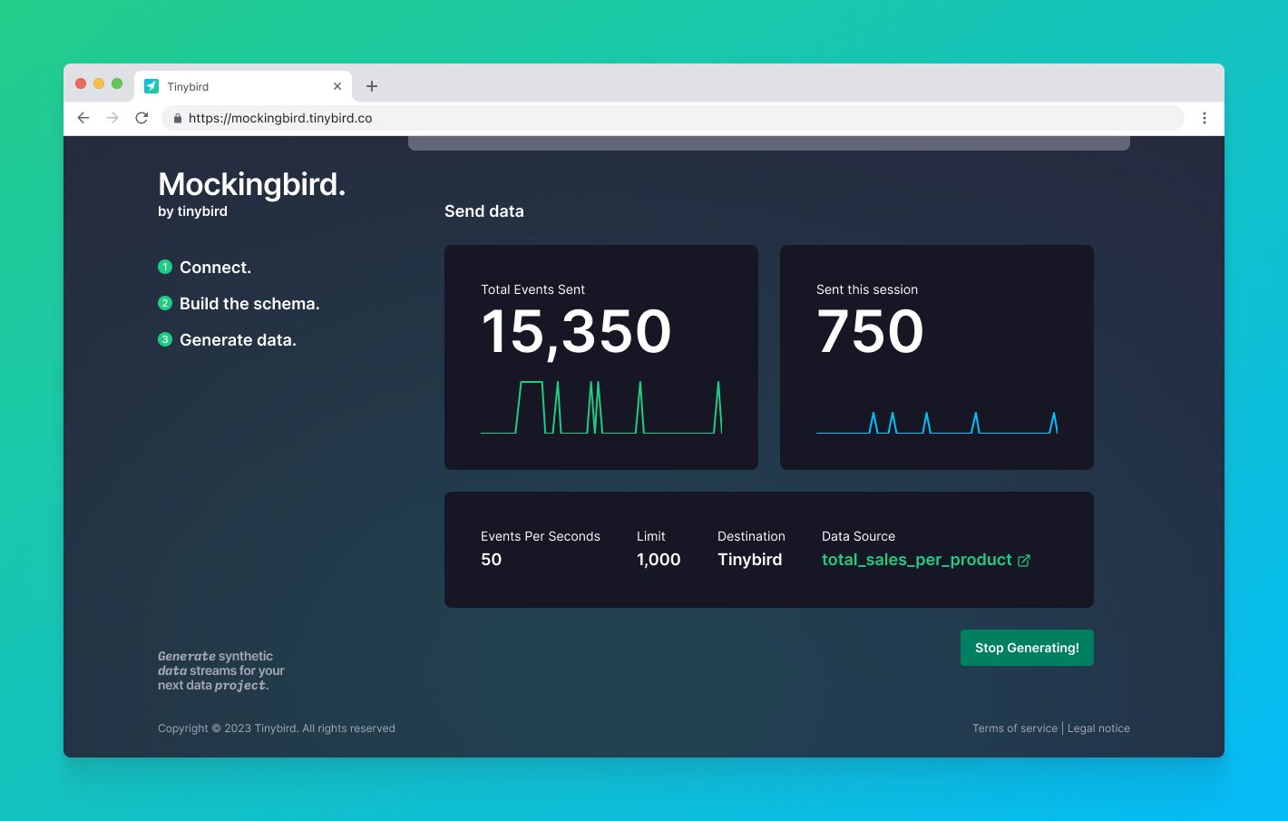 A screenshot showing mock data being generated and streamed using Mockingbird.