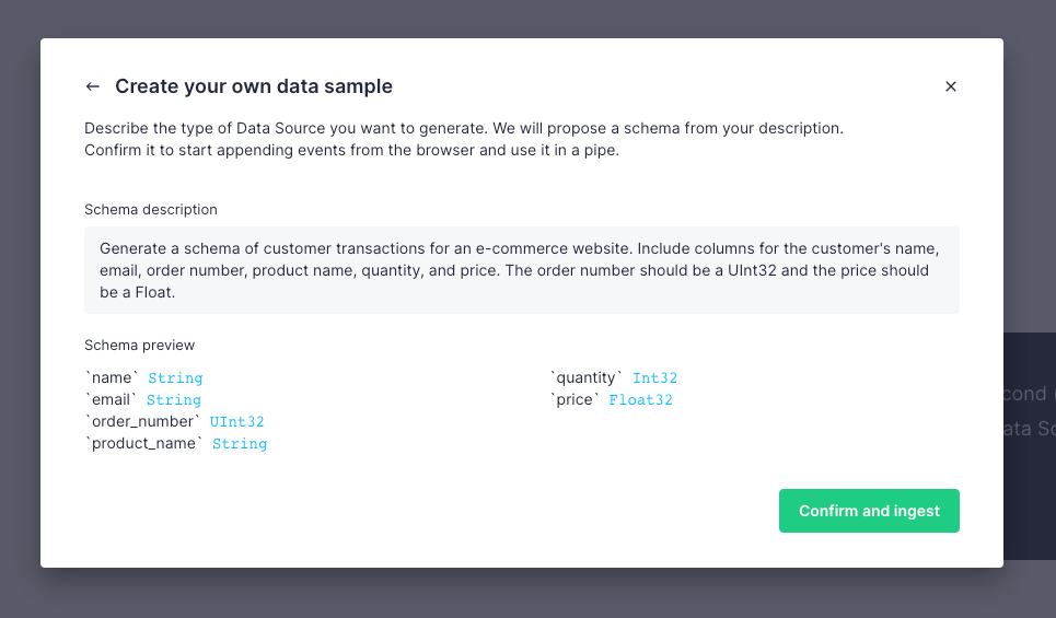 A screenshot showing a generated schema using a prompt with explicit data types