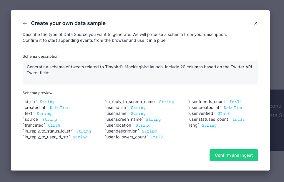 A sceenshot showing a schema generated based on actual tweet fields in the Twitter API