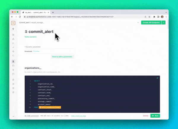 A gif showing how to publish SQL queries as APIs in Tinybird