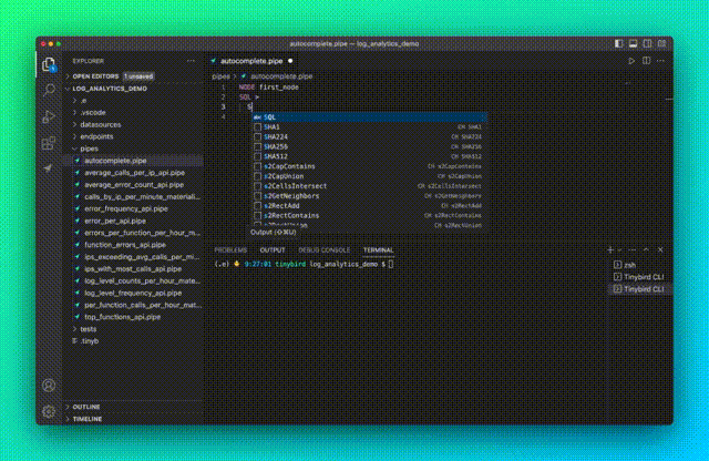 A gif of the Tinybird VS Code Extension showing autocomplete functionality