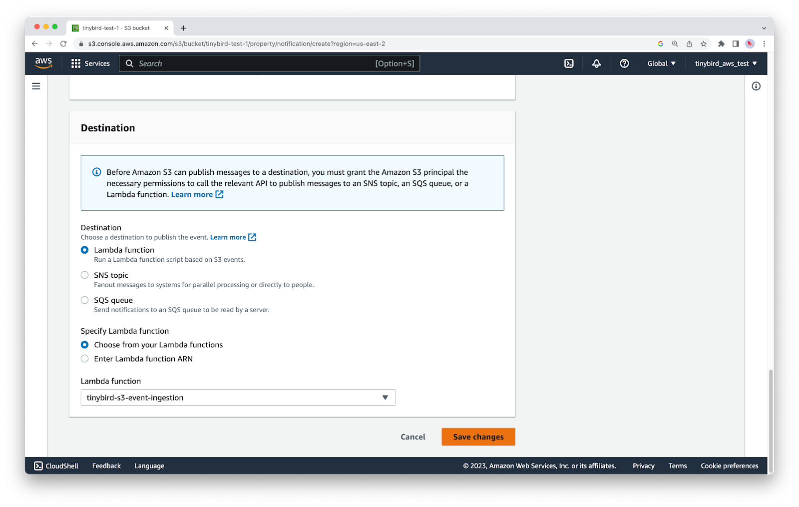 A screenshot showing how to configure an S3 Event Notification to trigger an AWS Lambda