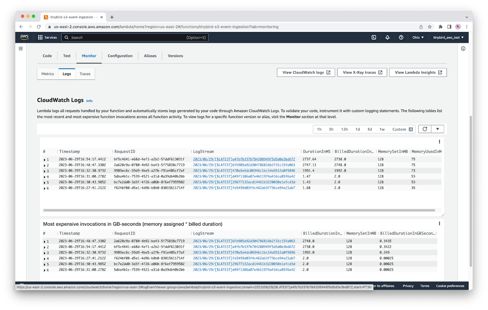 A screenshot of AWS Lambda logs