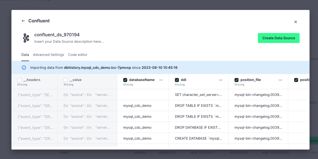 A screenshot showing how Tinybird processes Kafka headers and raw values into a Data Source