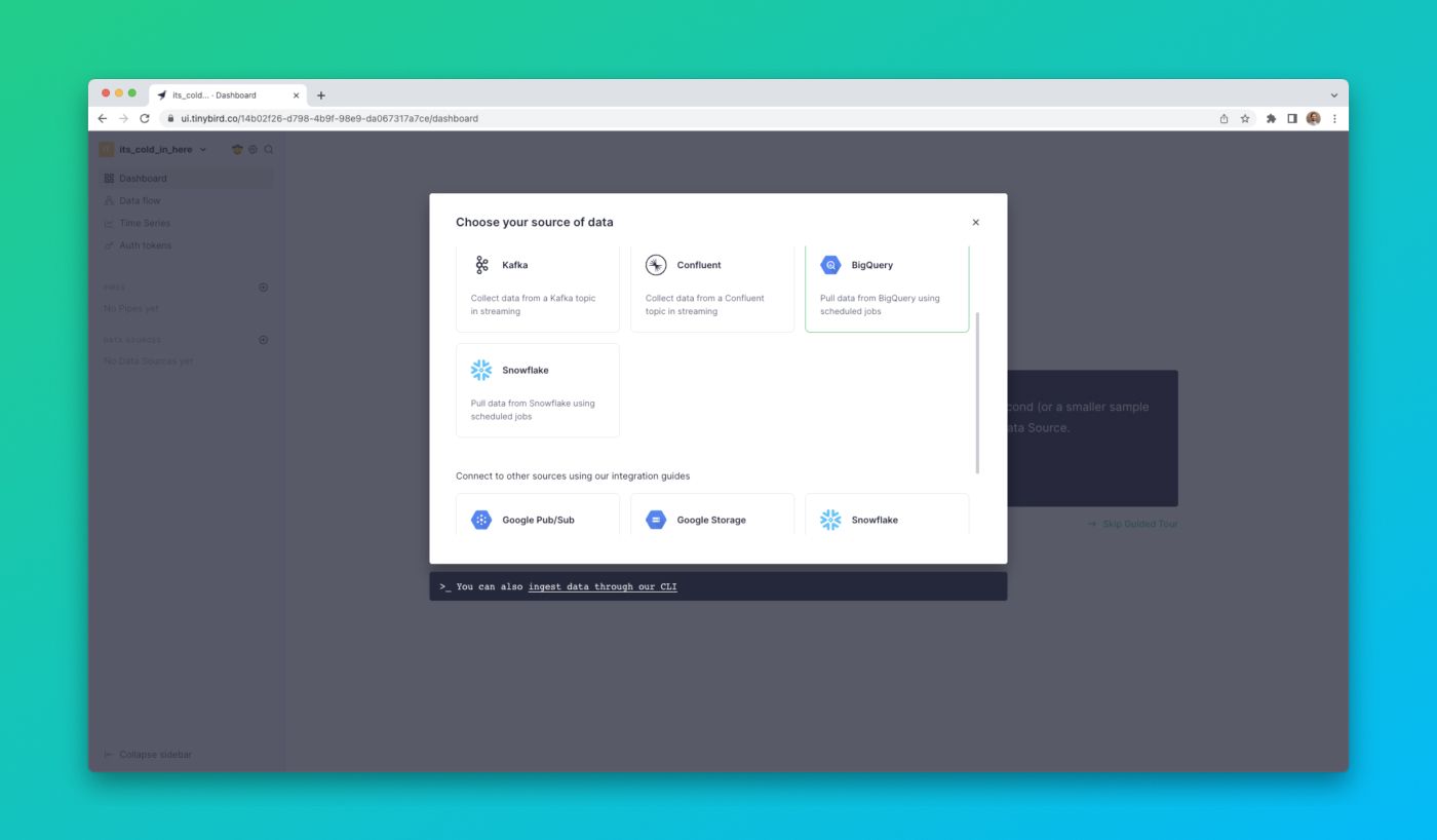 A screenshot of the Tinybird UI showing a Snowflake Data Source creation