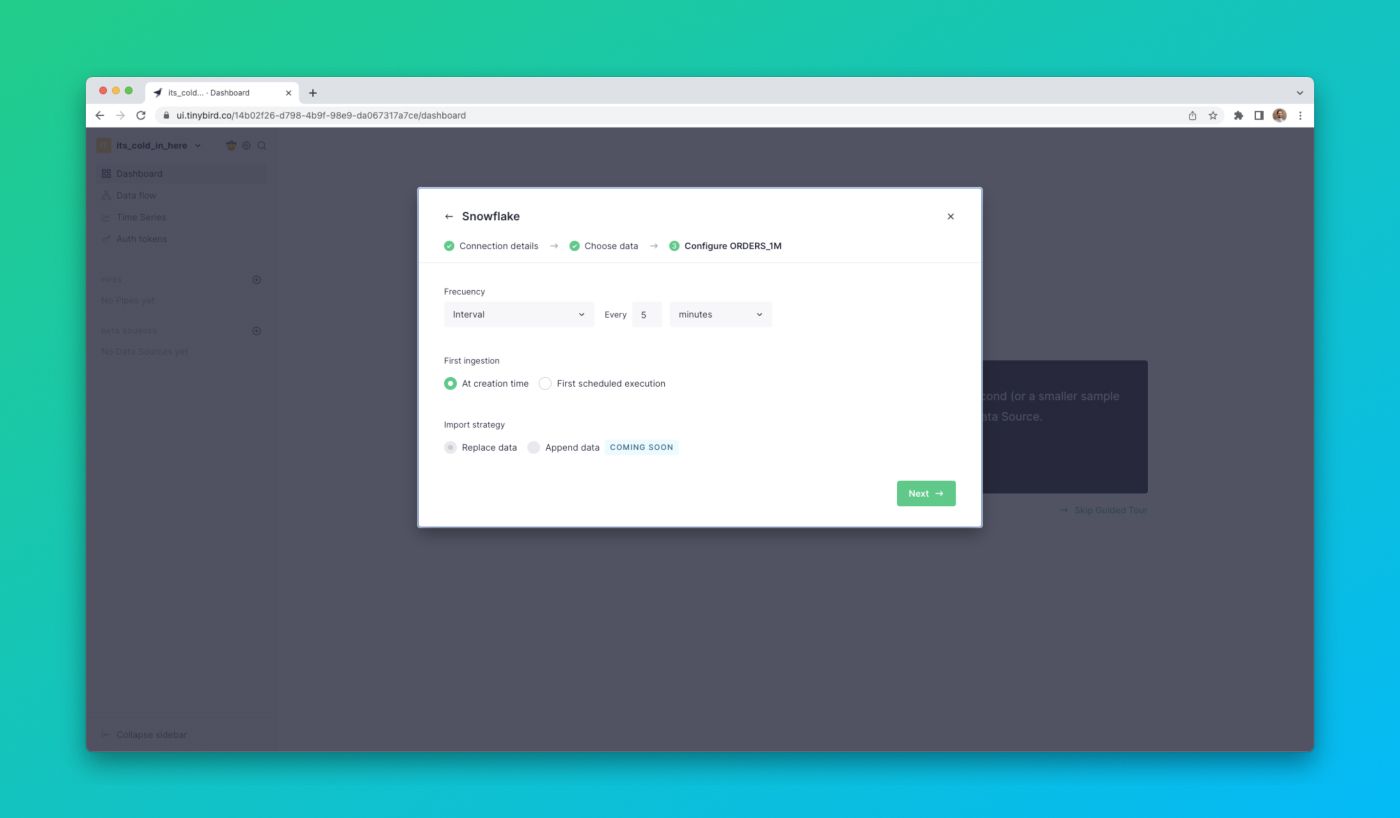A screenshot of the Tinybird UI setting up the Snowflake sync schedule
