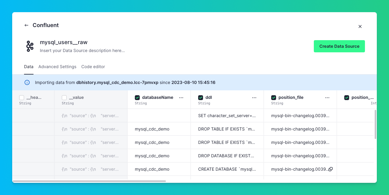 Configure the Tinybird Data Source for MySQL change stream events