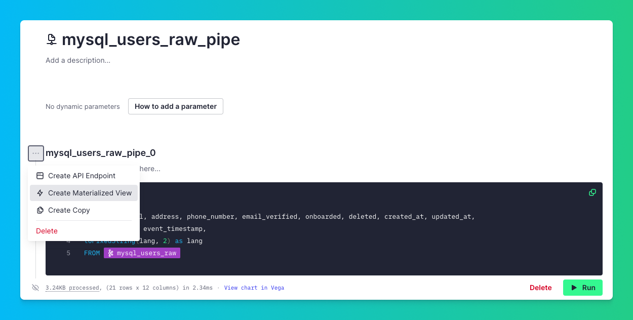 Tinybird SQL to deduplicated MySQL records