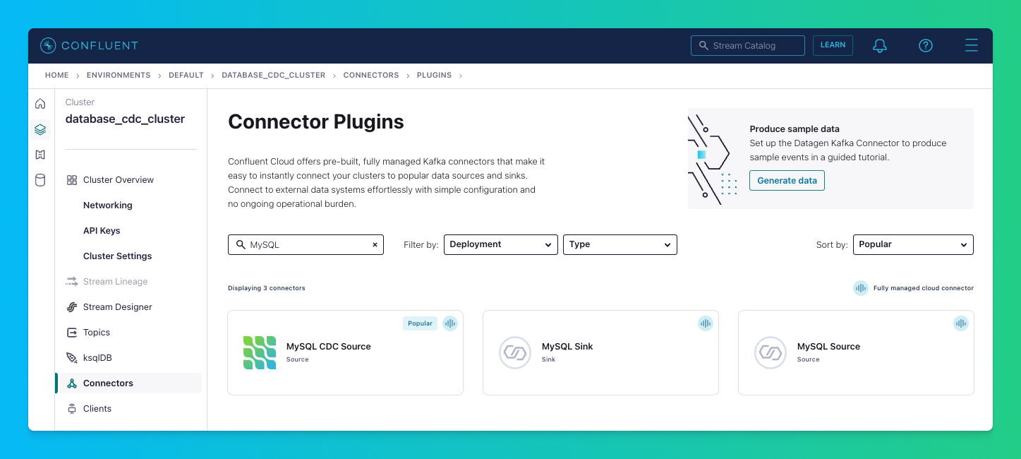 Confluent Cloud Connector Plugins showing the MySQL CDC Source