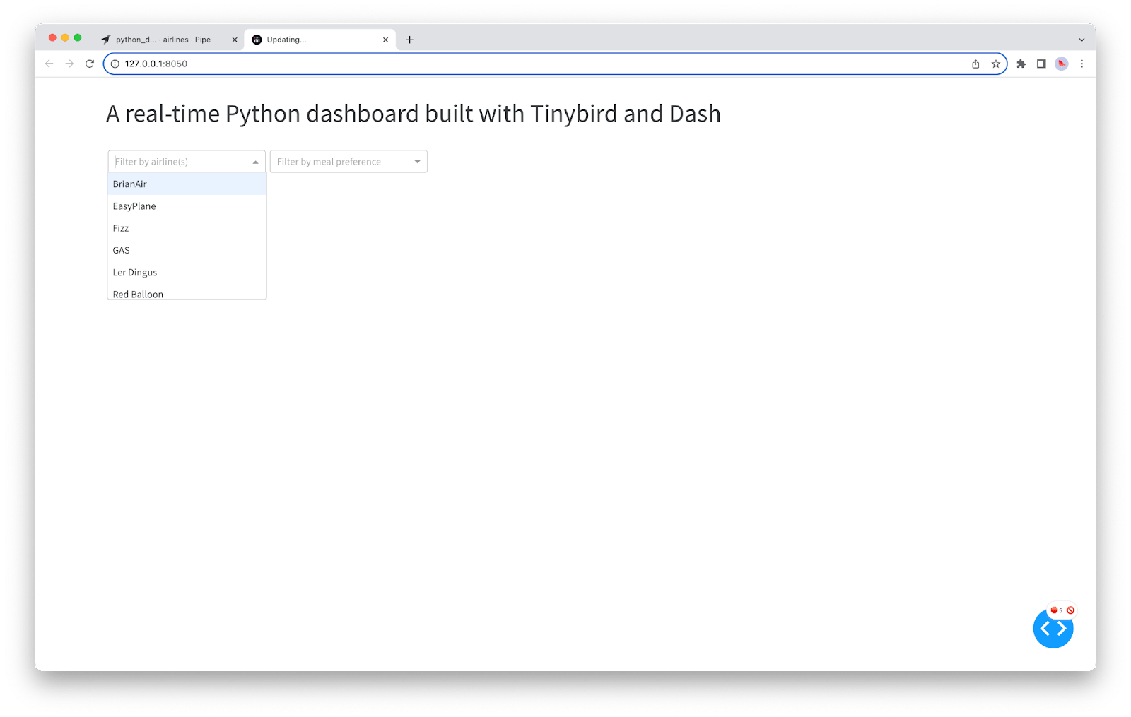 A bare bones real-time Python dashboard with a title and two dropdown components.