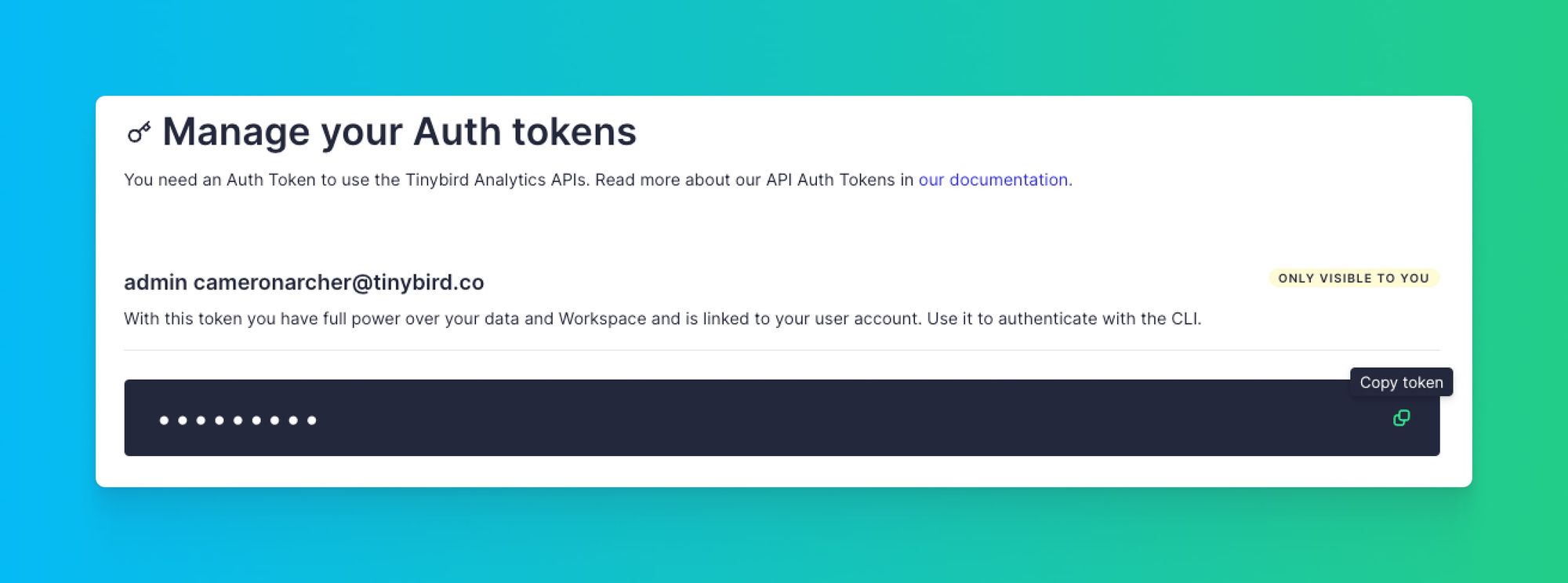 A screenshot of the Tinybird UI user admin token