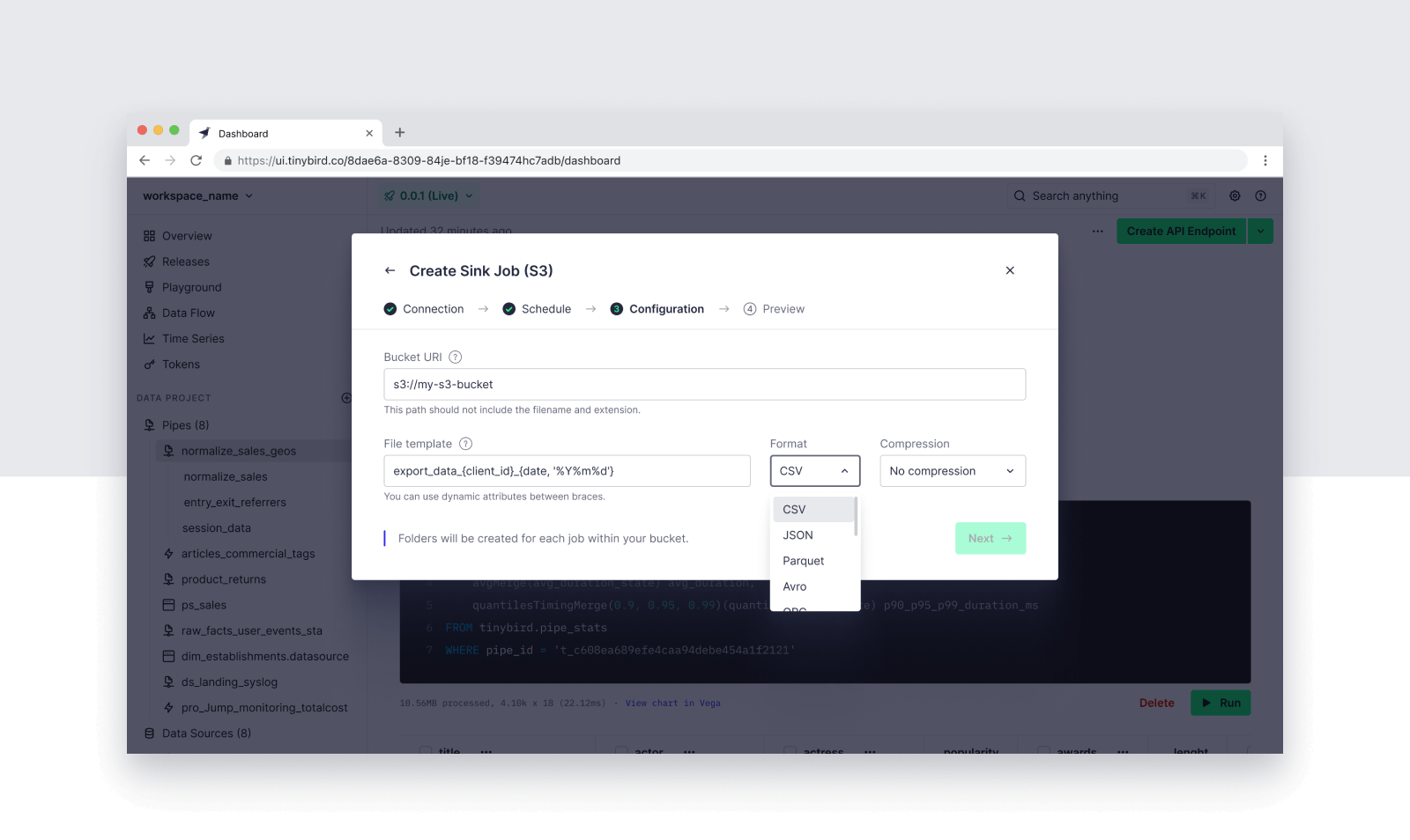 A screenshot of the Tinybird UI showing how to export multiple files to Amazon S3 at a time.