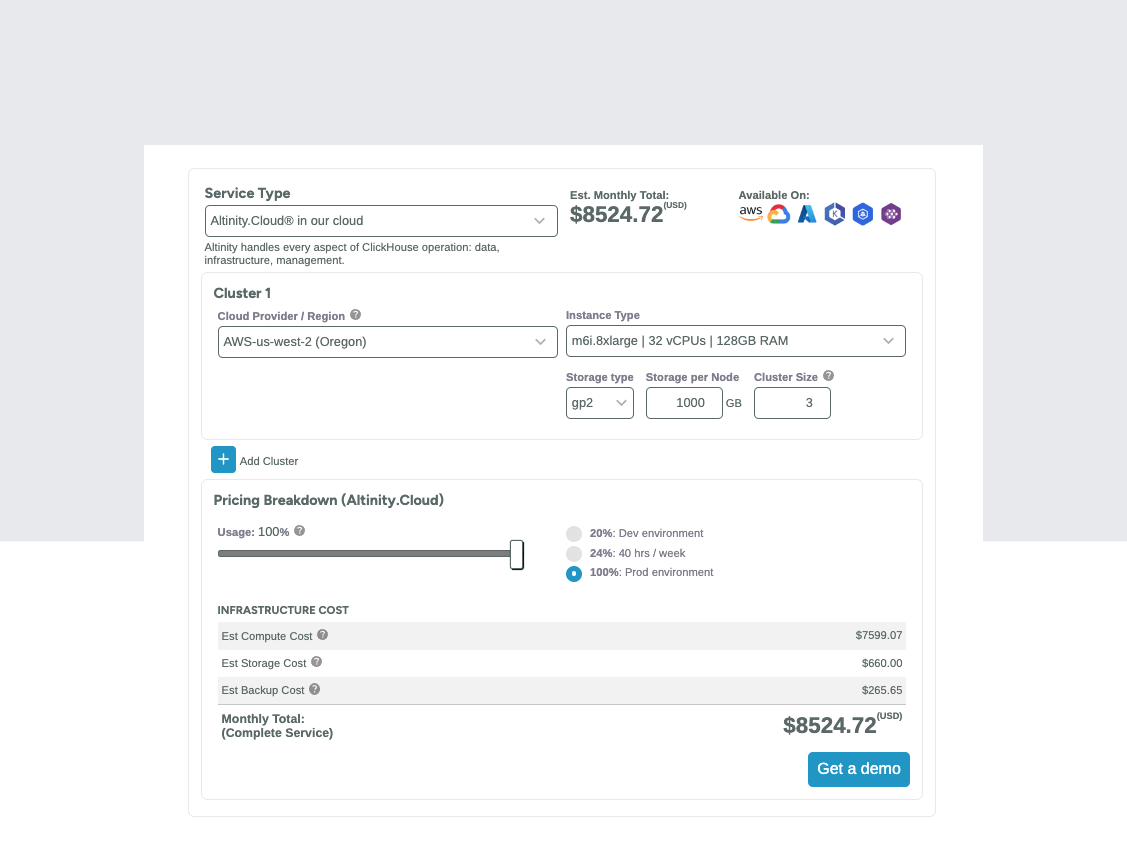 A screenshot of Altinity.Cloud pricing calculator