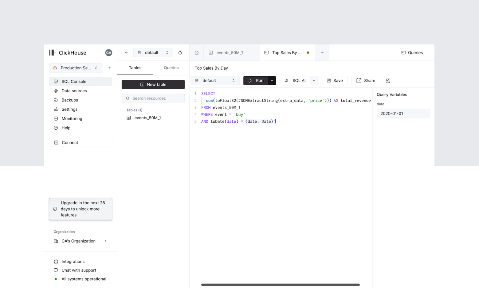 A screenshot of ClickHouse Cloud's SQL Console