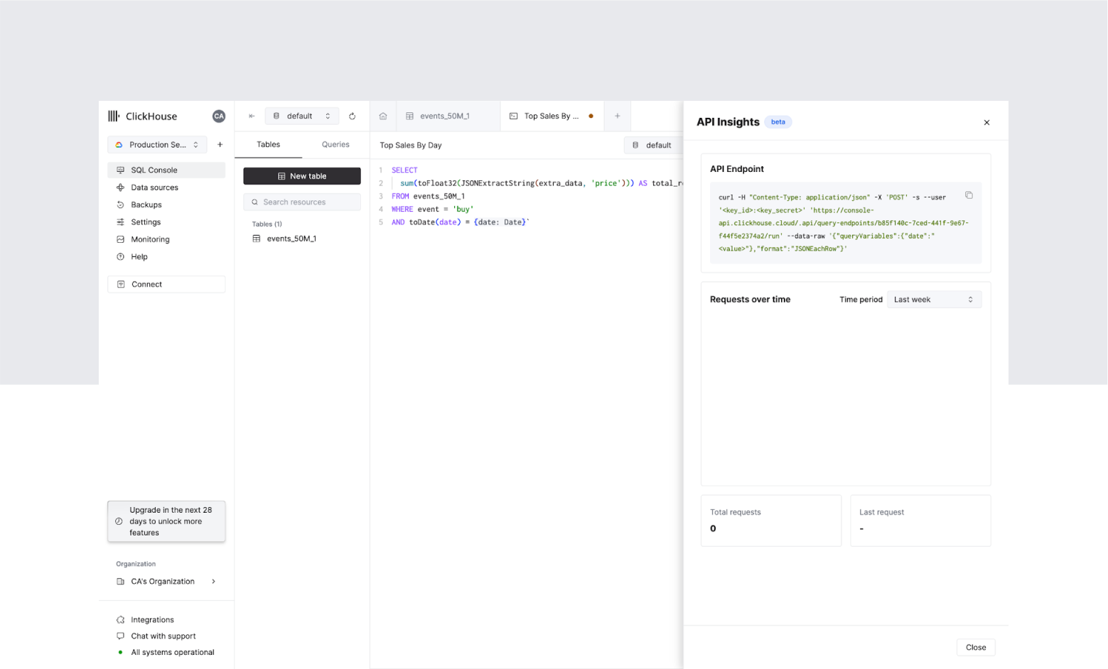 A screenshot of a ClickHouse Cloud SELECT query published as a beta endpoint