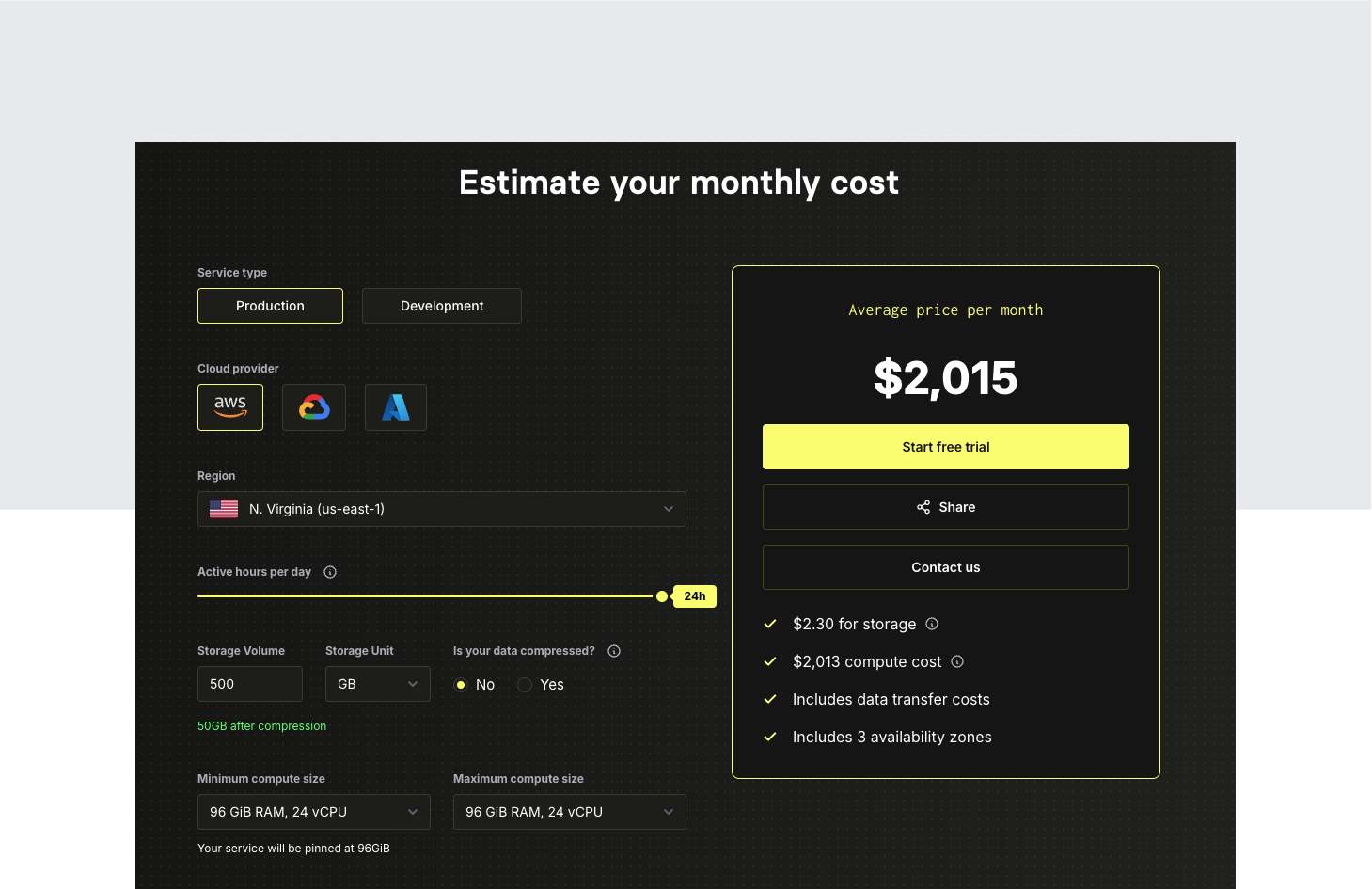 A screenshot of ClickHouse Cloud's pricing calculator