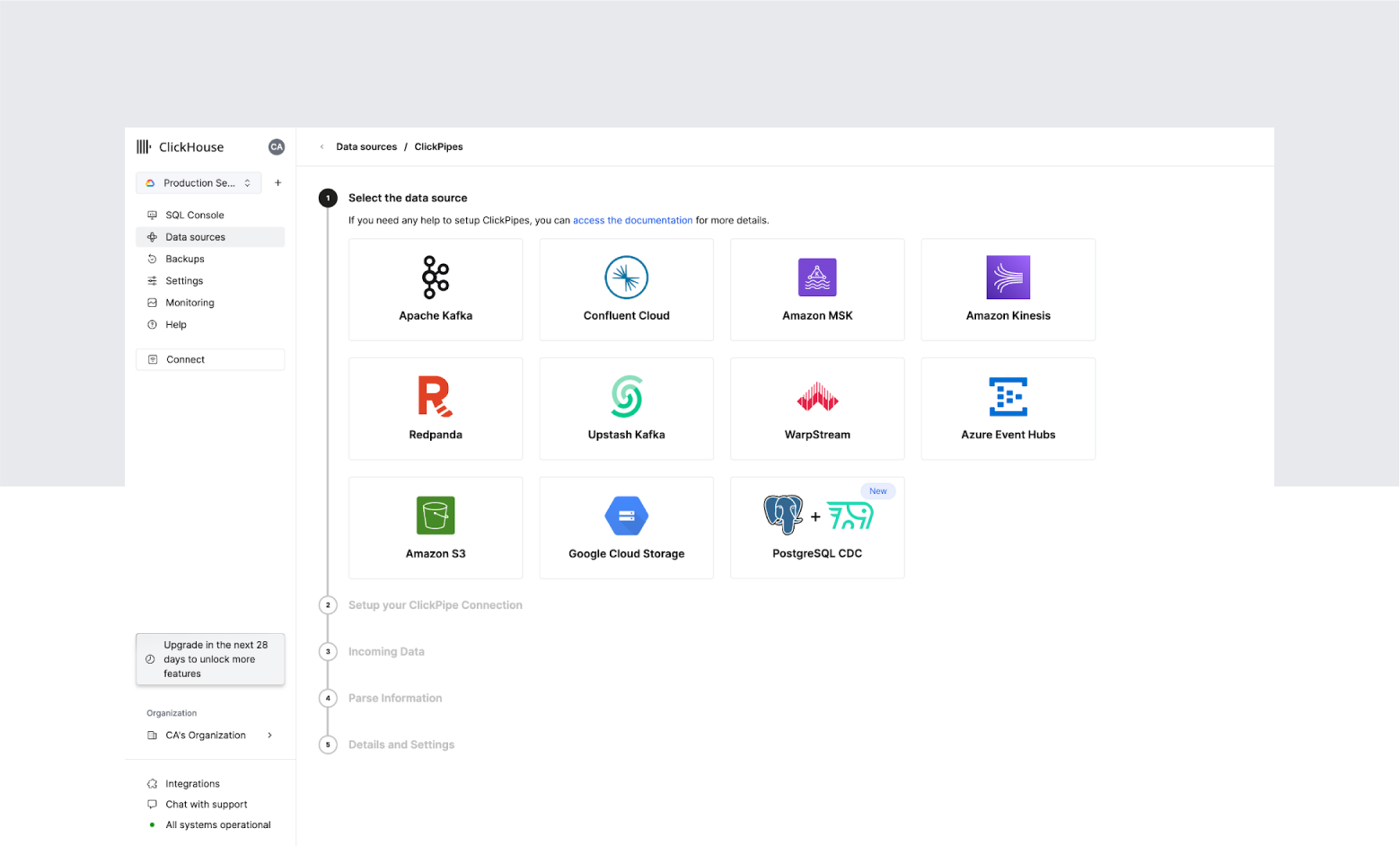 A screenshot of ClickHouse Cloud's streaming ingestion integrations, called ClickPipes.