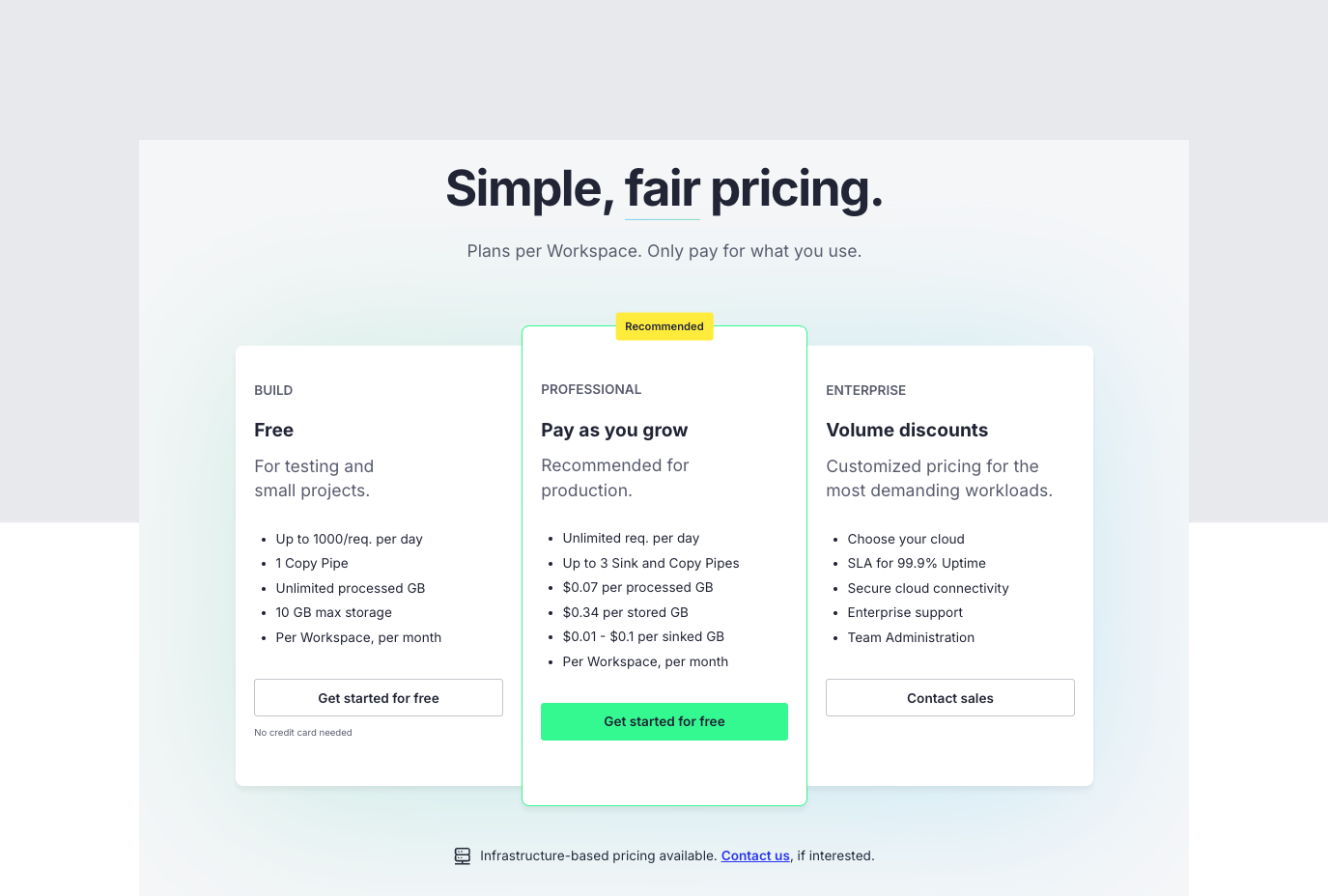 A screenshot of Tinybird's pricing page.