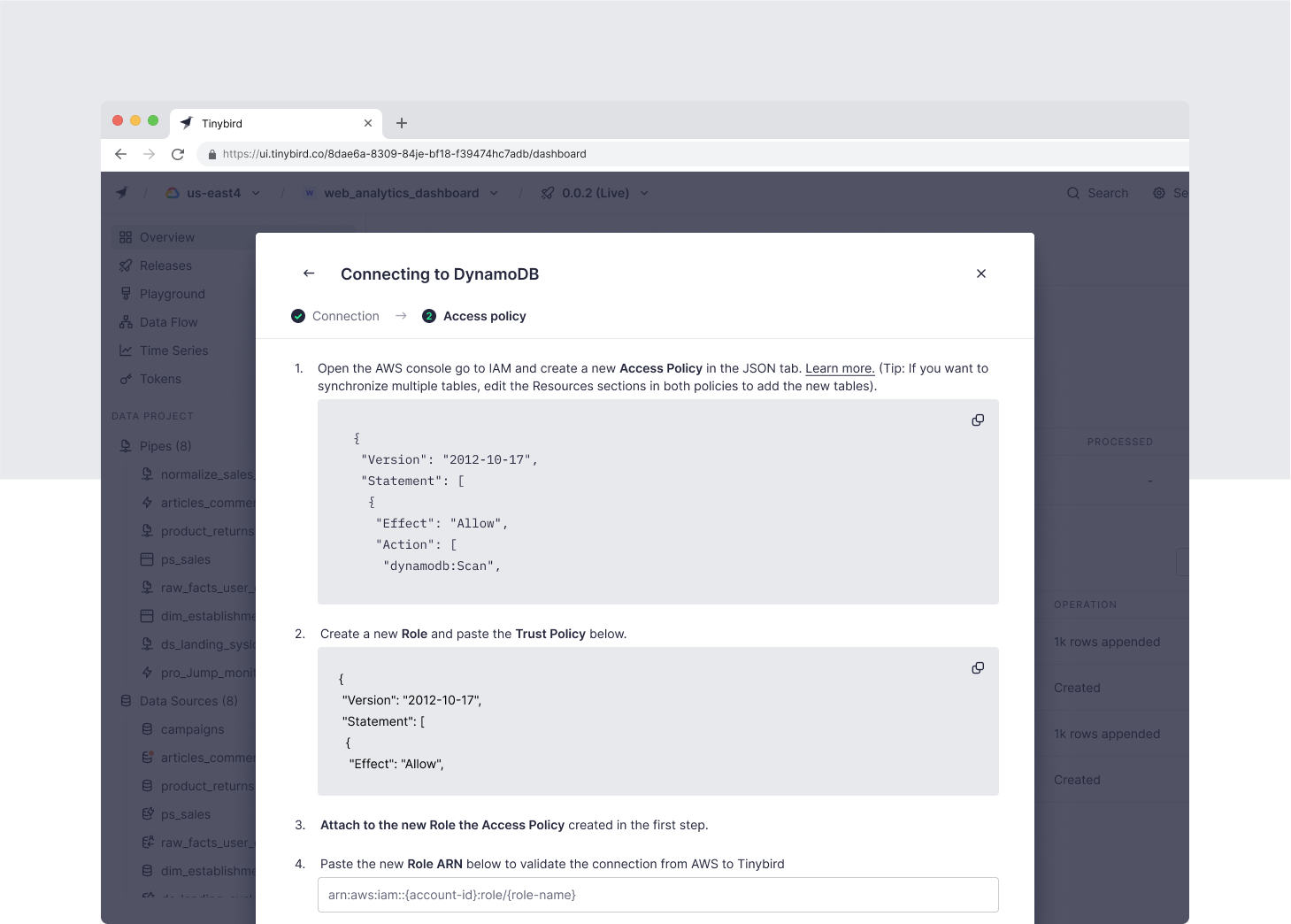 A screenshot of JSON policies to connect Tinybird to DynamoDB using IAM