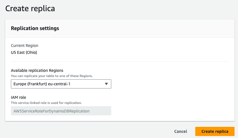 A screenshot of a DynamoDB global tables setup.