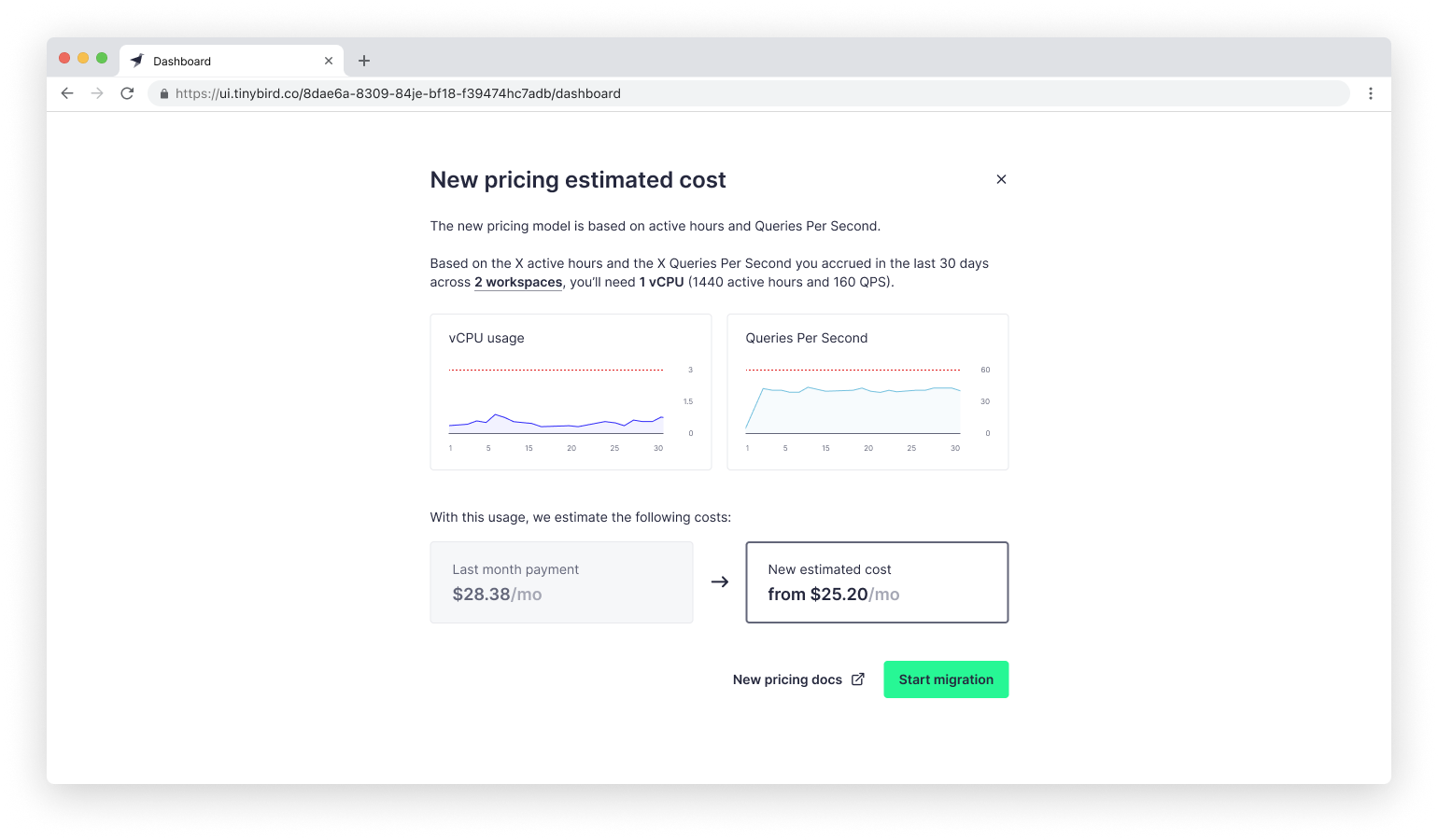 A screenshot of Tinybird's pricing migration cost estimator tool